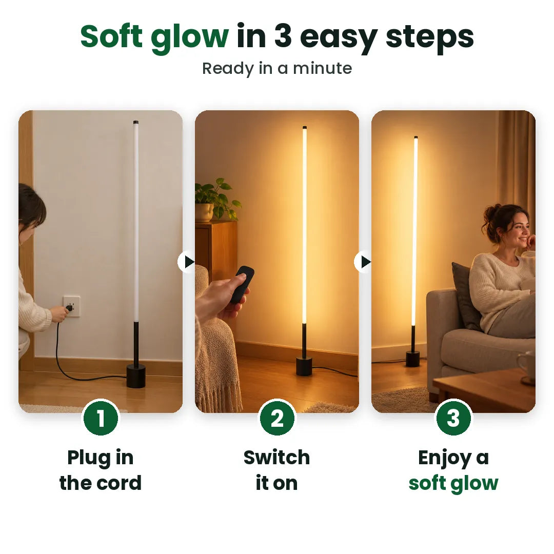 Three steps to use a slim LED floor lamp: plug in, switch on, enjoy a soft glow