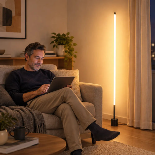 Homme détendu sur un canapé avec une tablette près d'un lampadaire LED dans le salon