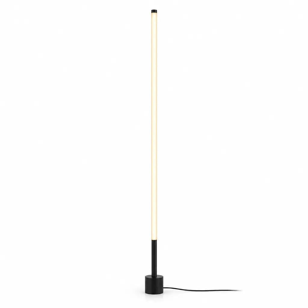 Slim black LED floor lamp with round base on a white background