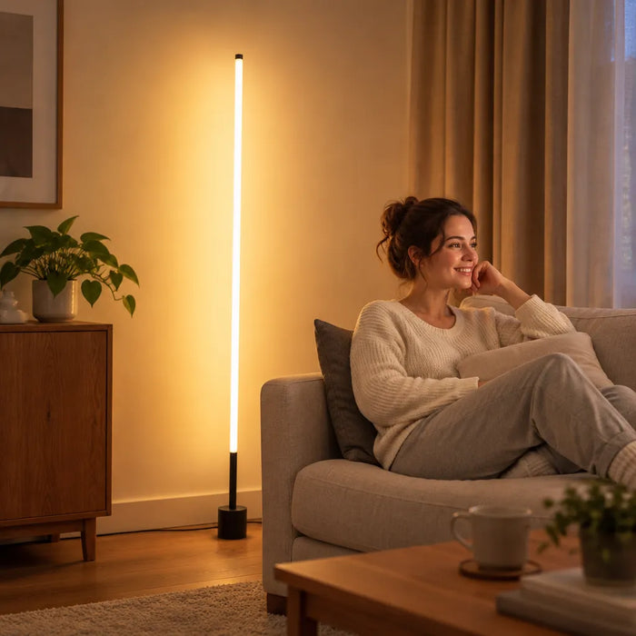 Femme souriante sur un canapé profitant de la lueur d'un lampadaire LED mince