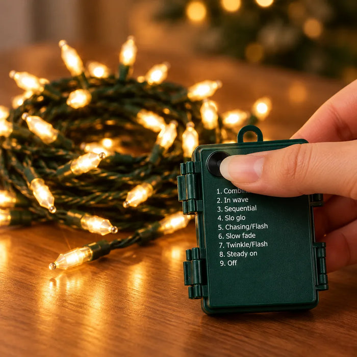Finger pressing the button on the battery box to start warm white Christmas lights