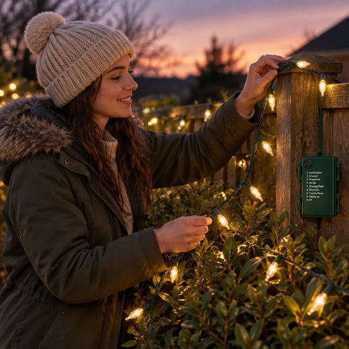 Woman draping battery powered outdoor Christmas lights over a garden fence at sunset