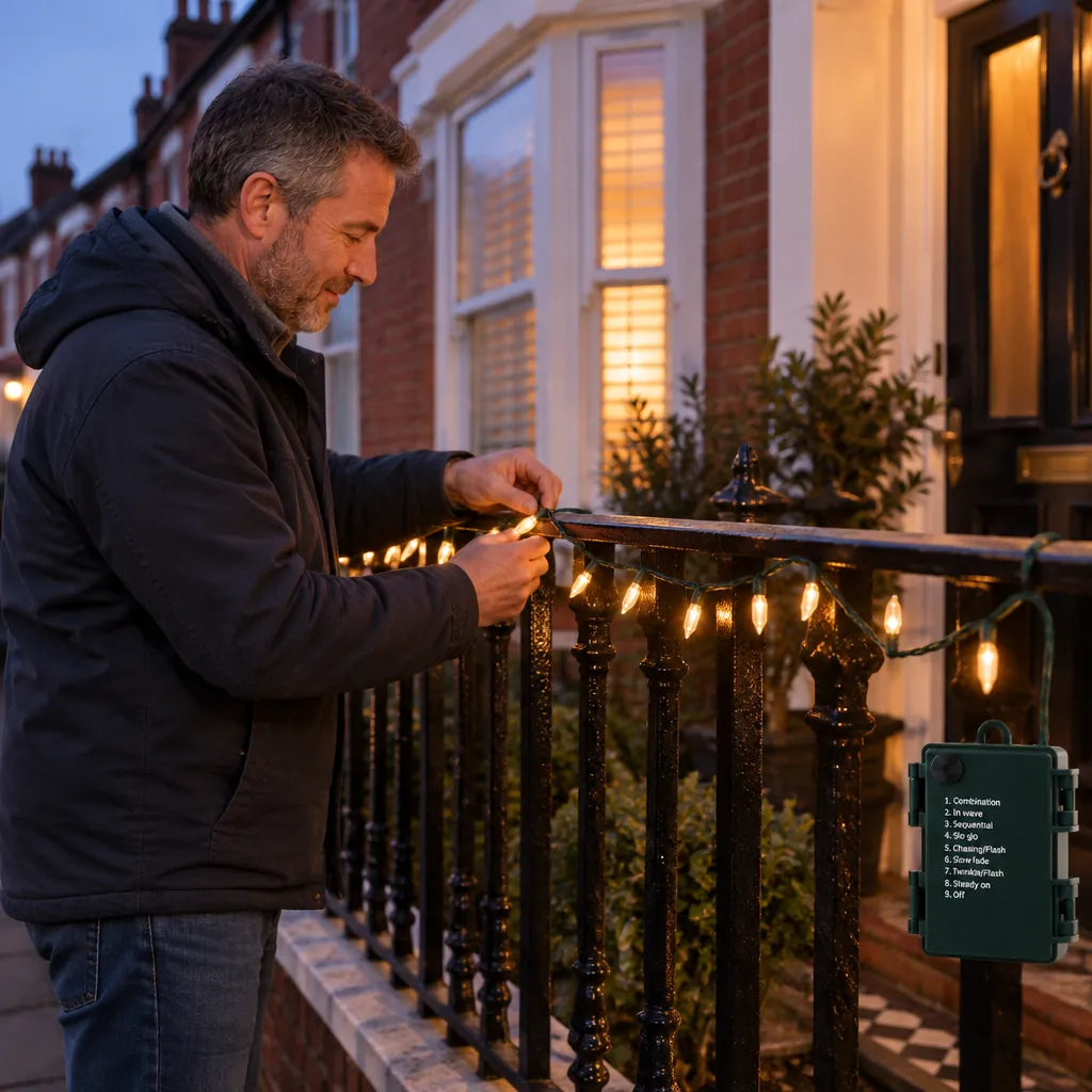 Man hanging outdoor Christmas lights for the house along a porch railing in the evening