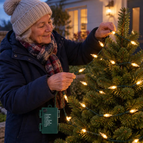 Older woman winding warm white outdoor Christmas lights around a small garden fir tree