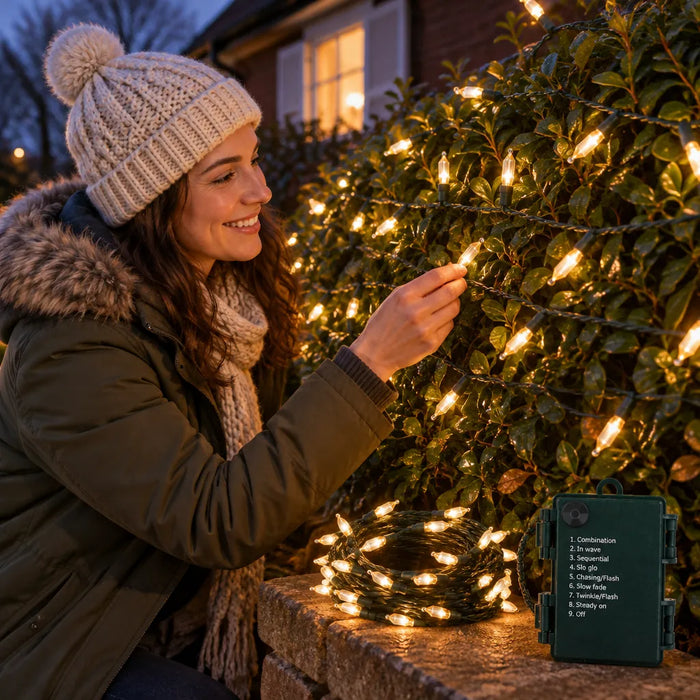 Smiling woman beside a hedge lit with warm white battery operated outdoor Christmas lights