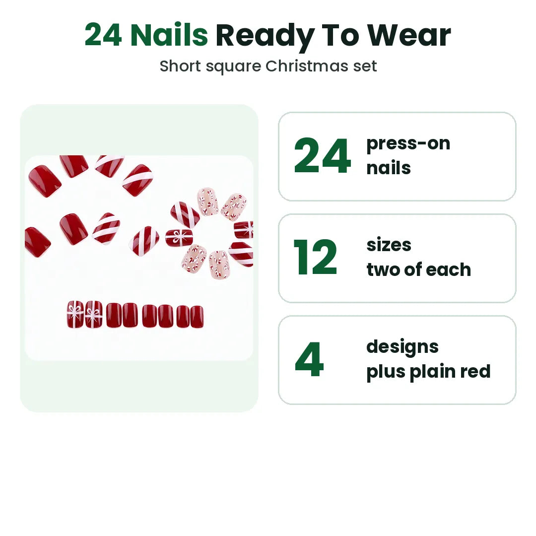 24 short square red christmas press on nails in 12 sizes, with set details