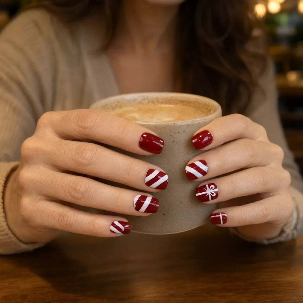 Woman holding a coffee cup with short red candy cane christmas nails, press on nails