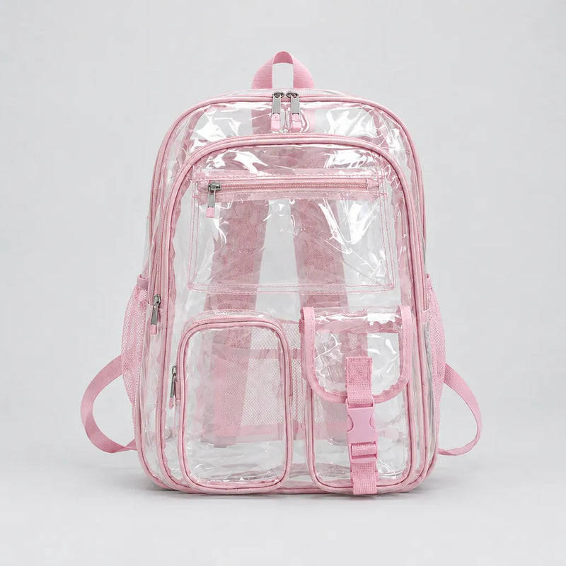 One clear transparent backpack on a neutral surface