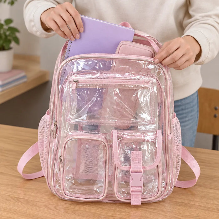 Hands packing a notebook into a clear backpack on a wooden table
