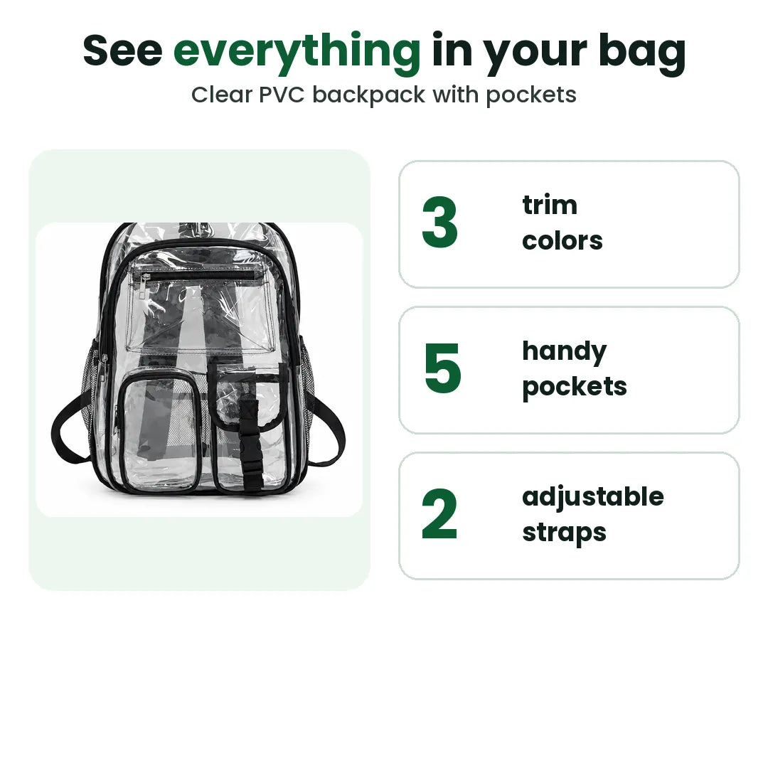 Clear PVC backpack with three colors, five pockets and two adjustable straps