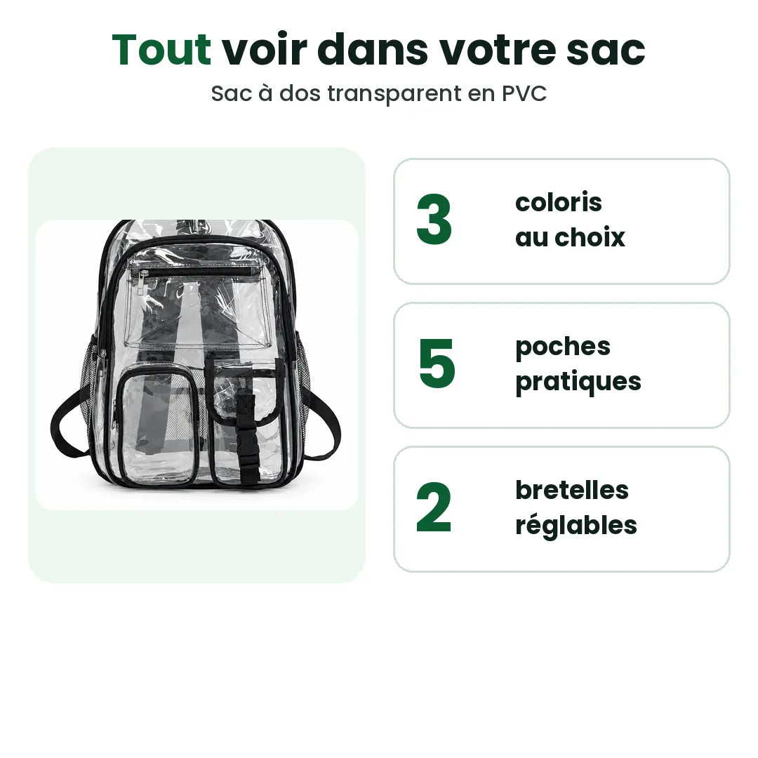 Sac à dos transparent en PVC, trois coloris, cinq poches et deux bretelles réglables