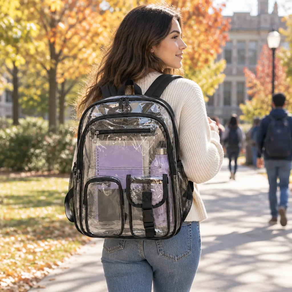 Student walking on a campus path with a clear backpack for school