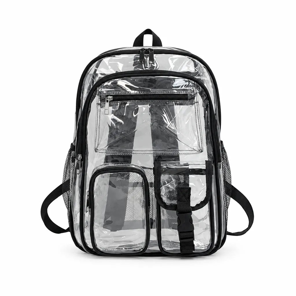 Clear transparent backpack with black trim on a white background