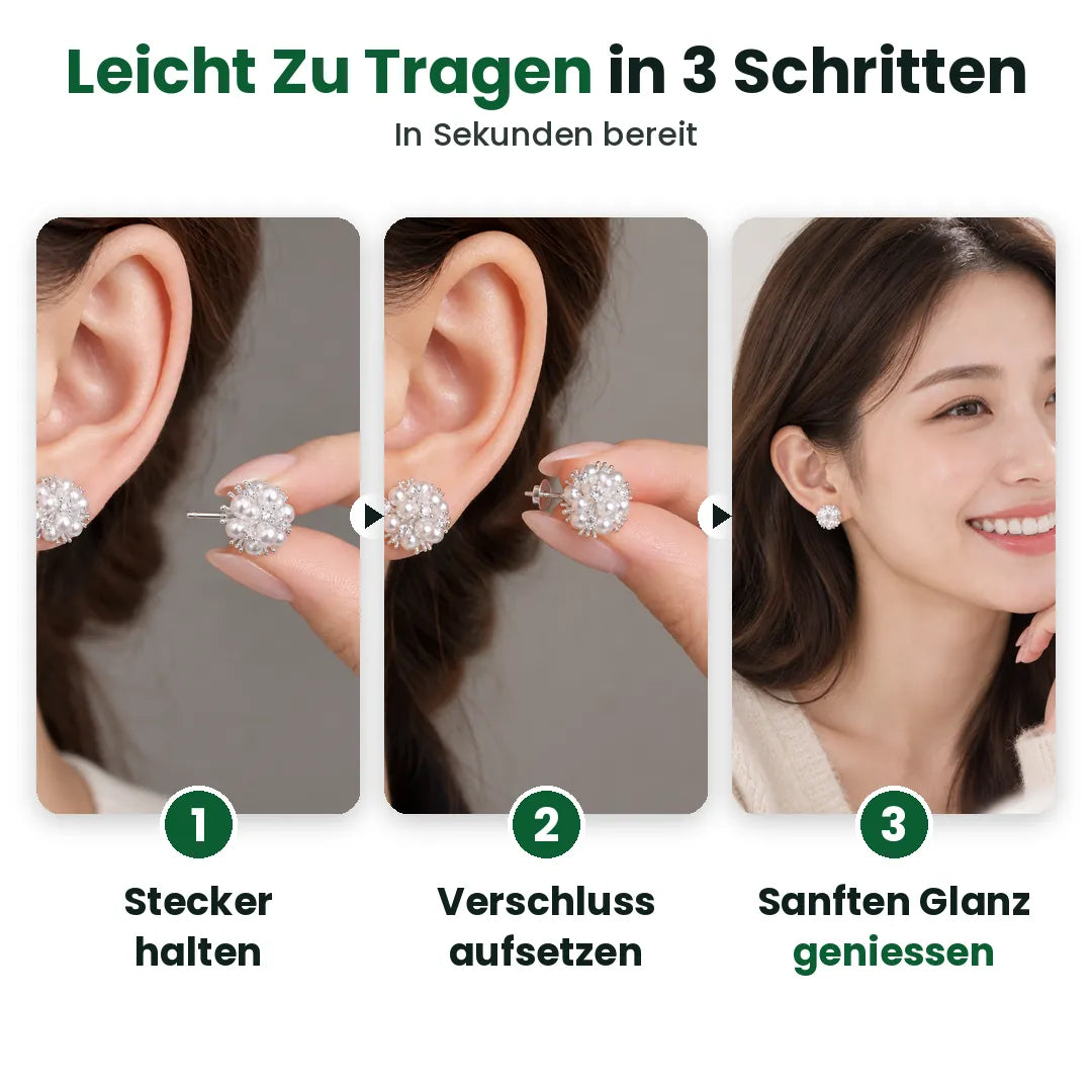 Drei Schritte zum Tragen von Perlen Ohrstecker: halten, sichern, geniessen