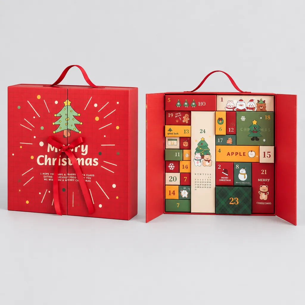 Closed and open fillable advent calendar box showing 24 empty numbered compartments