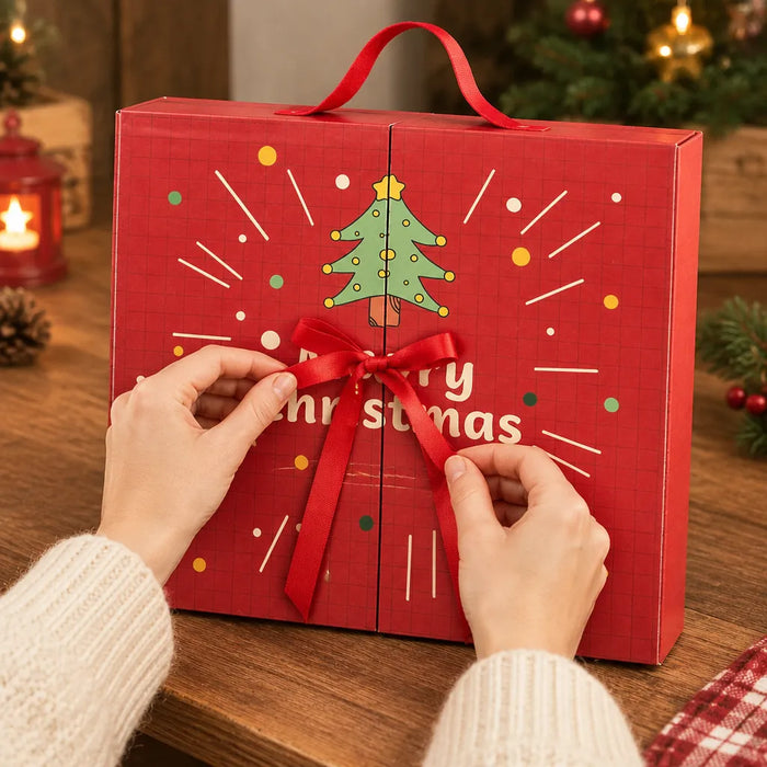 Hände binden die rote Schleife am geschlossenen Adventskalender