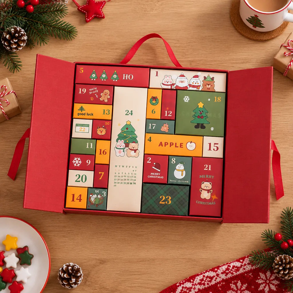 Offener Adventskalender mit 24 nummerierten Fächern auf einem Holztisch