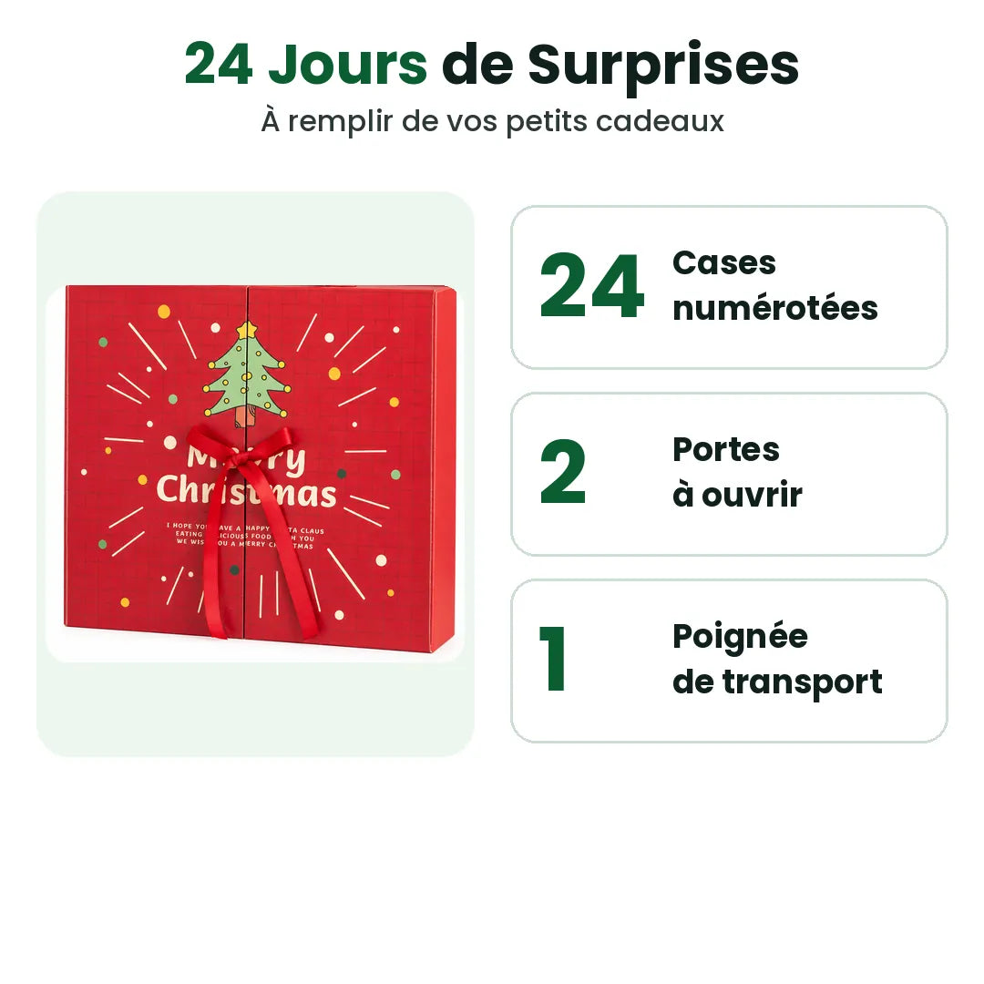 Calendrier de l'avent à remplir : 24 cases numérotées, deux portes et une poignée