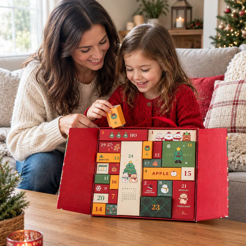 Mutter und Tochter öffnen im Wohnzimmer ein Fach eines Adventskalenders zum Befüllen