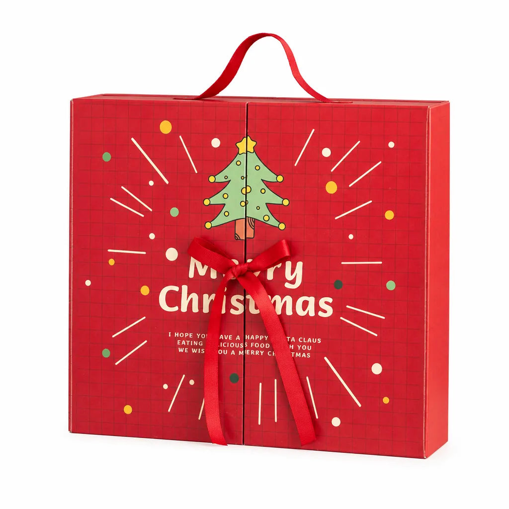 Red fillable advent calendar box with ribbon bow and carry handle on a white background