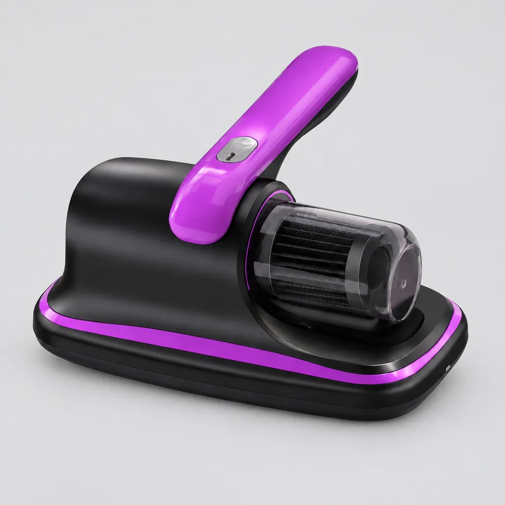 Purple and black cordless handheld mattress vacuum cleaner on a light grey surface