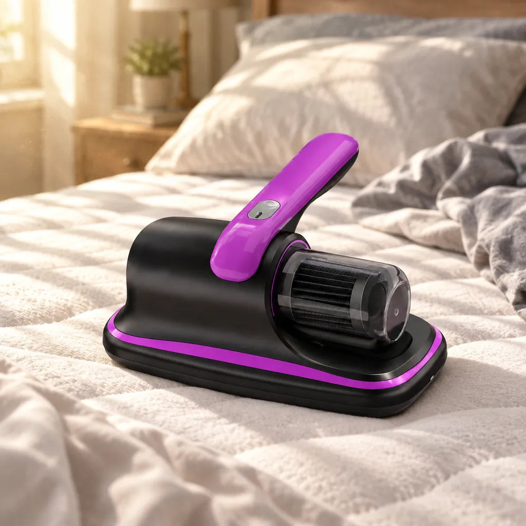 Handheld mattress vacuum resting on an unmade bed in morning light