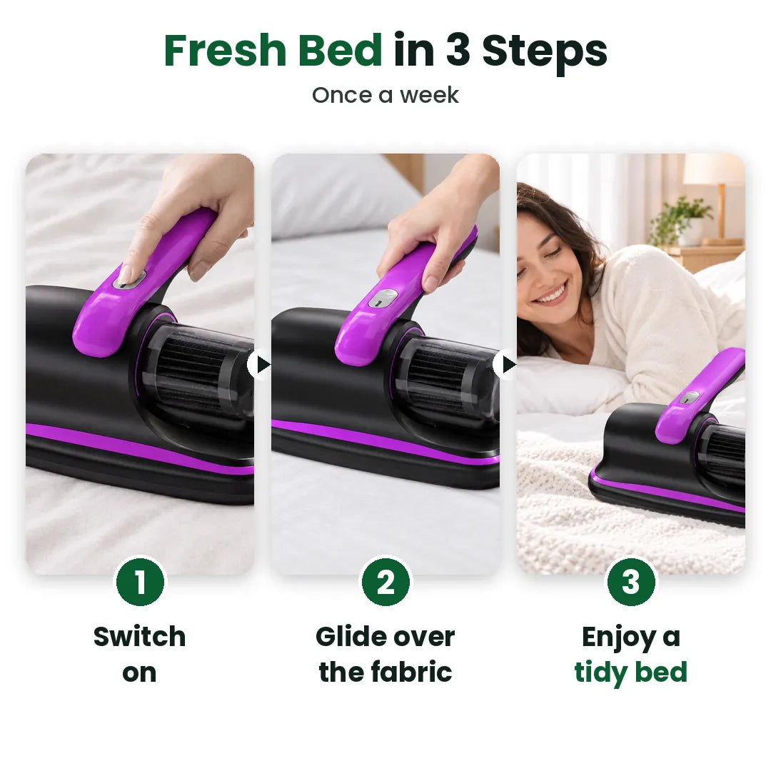 Three steps to clean a mattress with a handheld vacuum: switch on, glide, enjoy