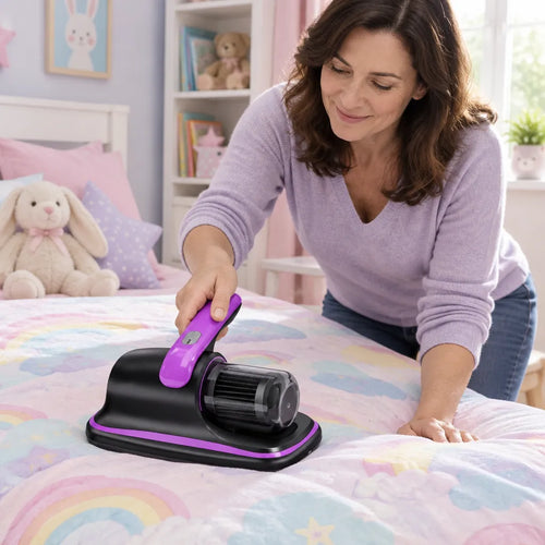 Mother using a handheld mattress vacuum on a child's bed in a kids' room