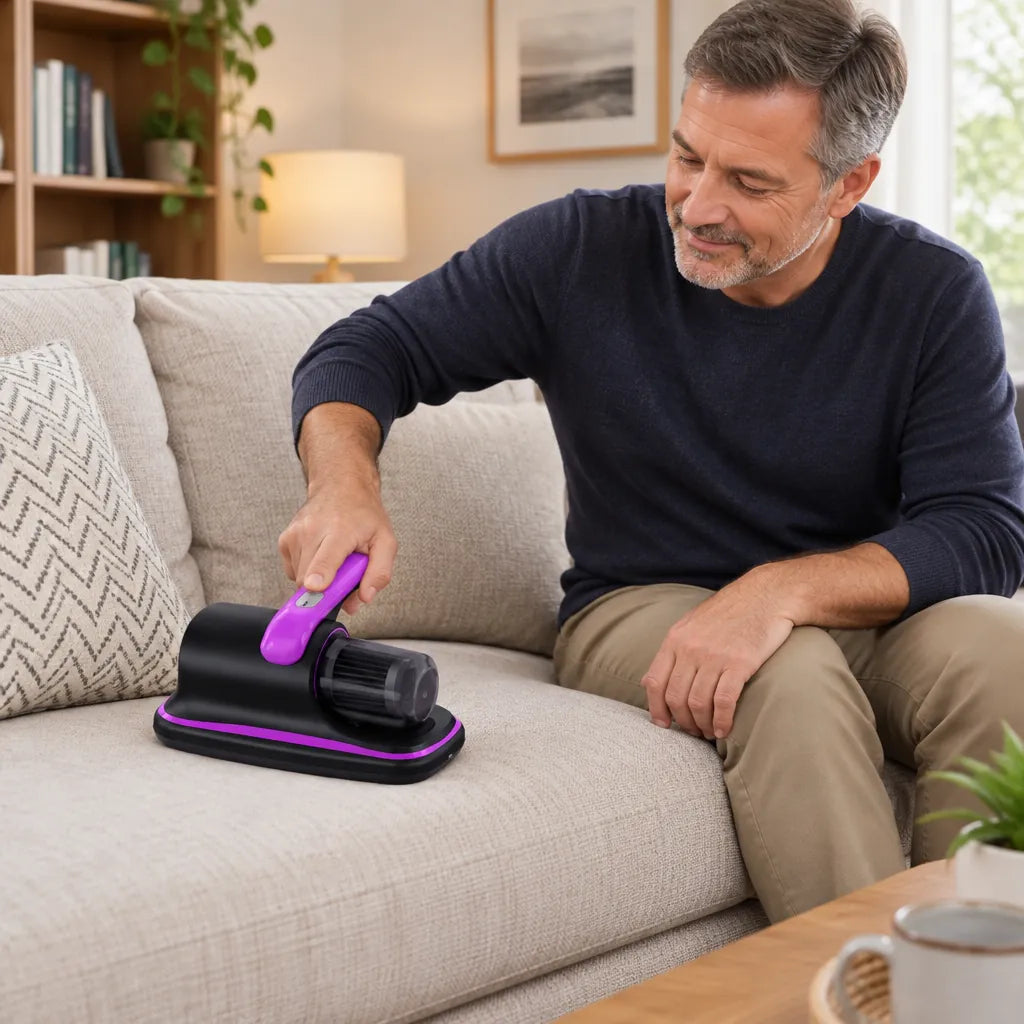 Man using a handheld couch vacuum cleaner on a living room sofa cushion