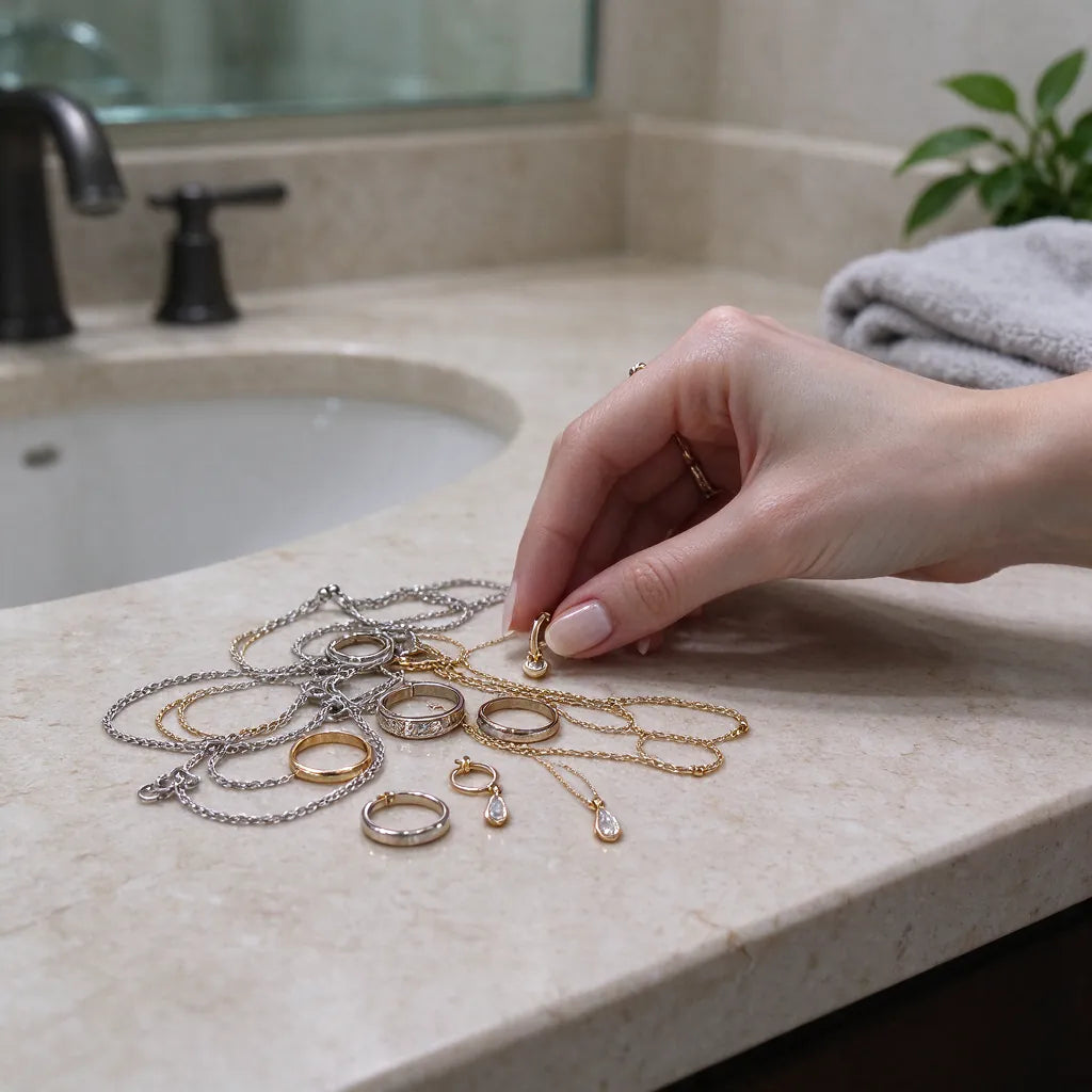 Ringe, Ketten und Ohrringe verheddert auf einer Badezimmerablage