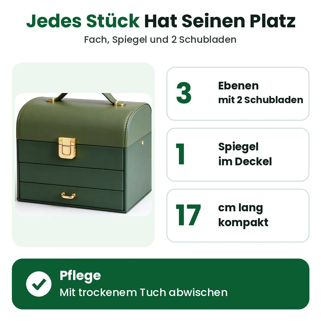 Merkmale des Schmuckkastens: 3 Ebenen, Spiegel im Deckel, 17 cm lang