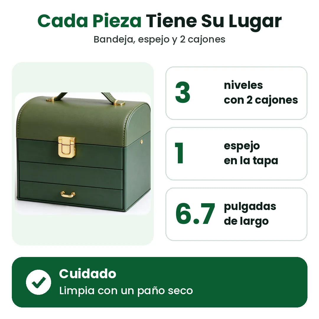 Características del joyero organizador: 3 niveles, espejo en la tapa, 6.7 pulgadas de largo