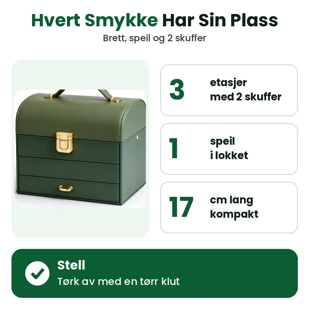 Egenskaper ved smykkeskrinet: 3 etasjer, speil i lokket, 17 cm langt
