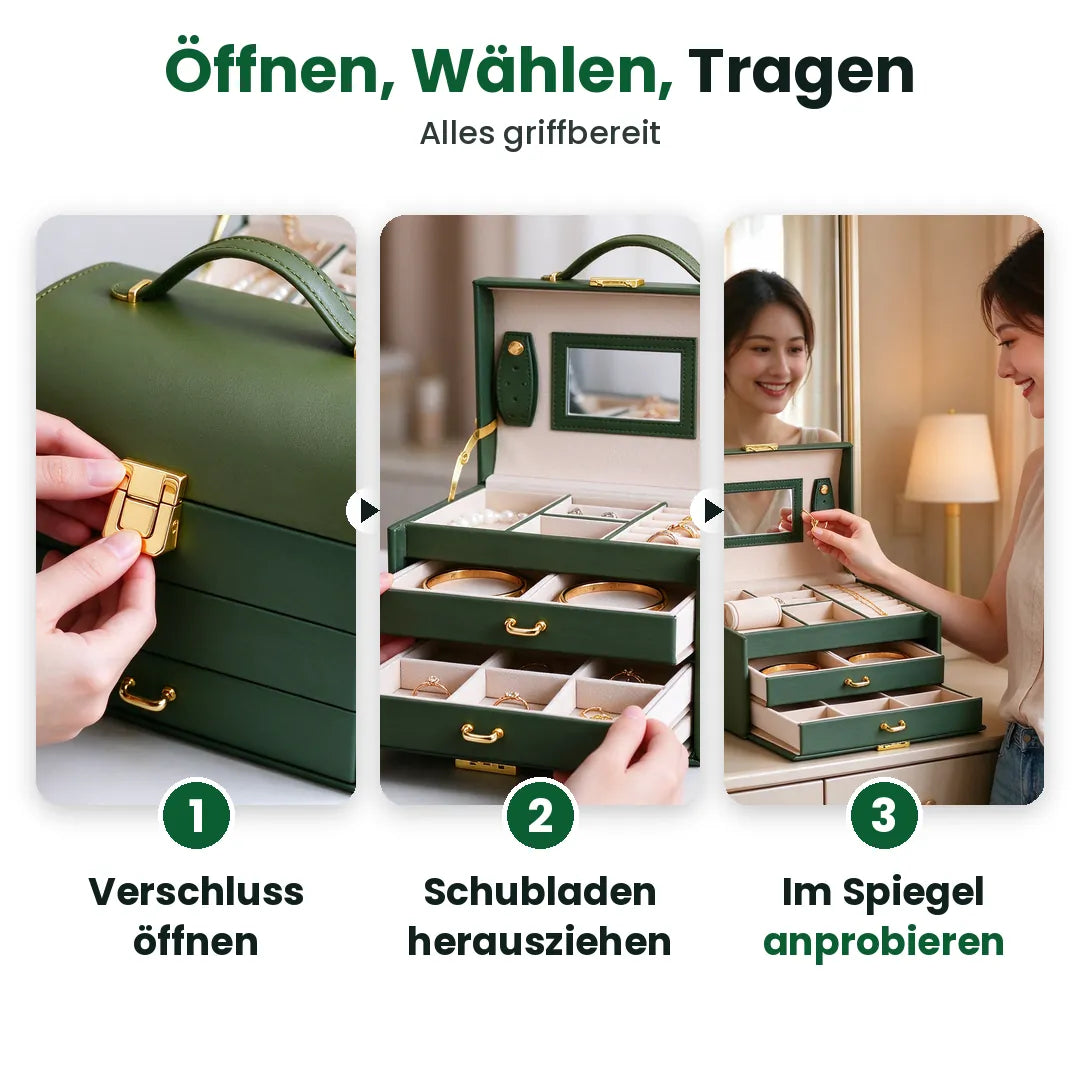 Drei Schritte mit dem Schmuckkasten: Verschluss öffnen, Schubladen herausziehen, im Spiegel anprobieren