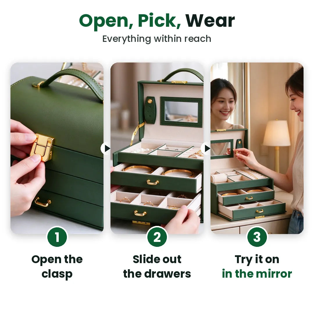 Three steps to use a jewelry box organizer: open the clasp, slide out drawers, try it on in the mirror