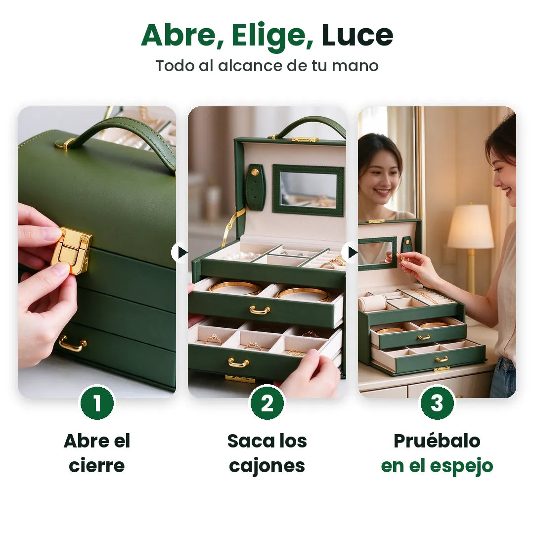 Tres pasos para usar el joyero organizador: abre el cierre, saca los cajones, pruébate todo en el espejo
