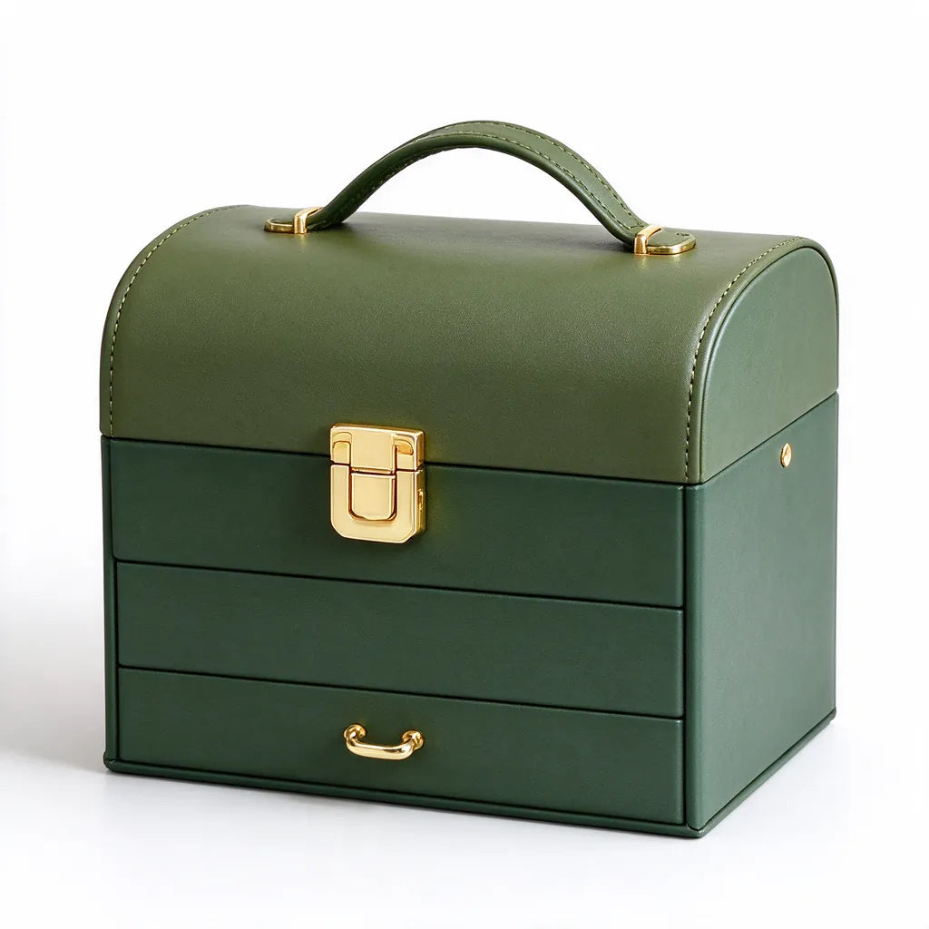 Olive green 3-layer jewelry box organizer with mirror, gold clasp and carry handle, closed