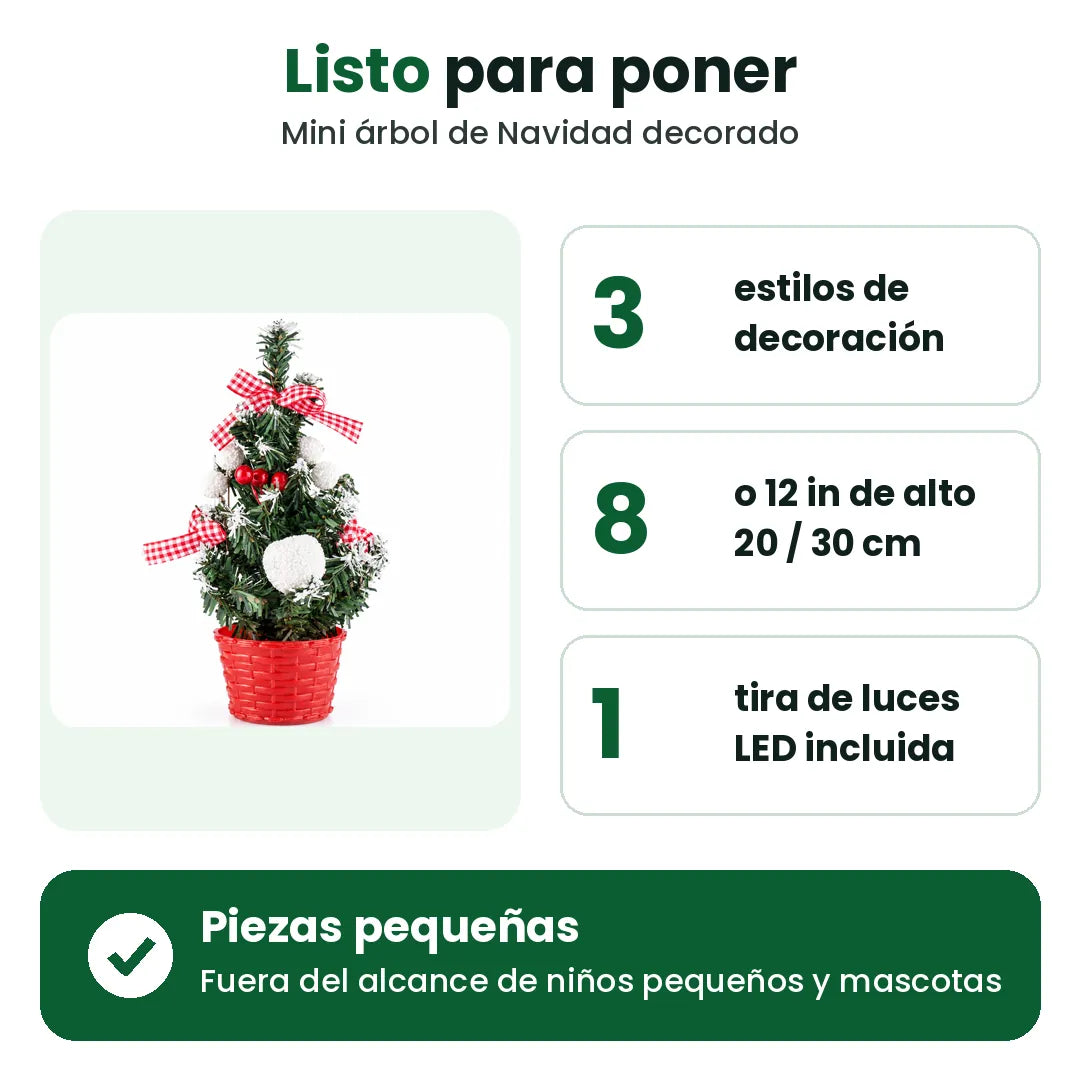 Mini árbol de Navidad con 3 estilos, de 8 o 12 in de alto, con tira de luces LED incluida