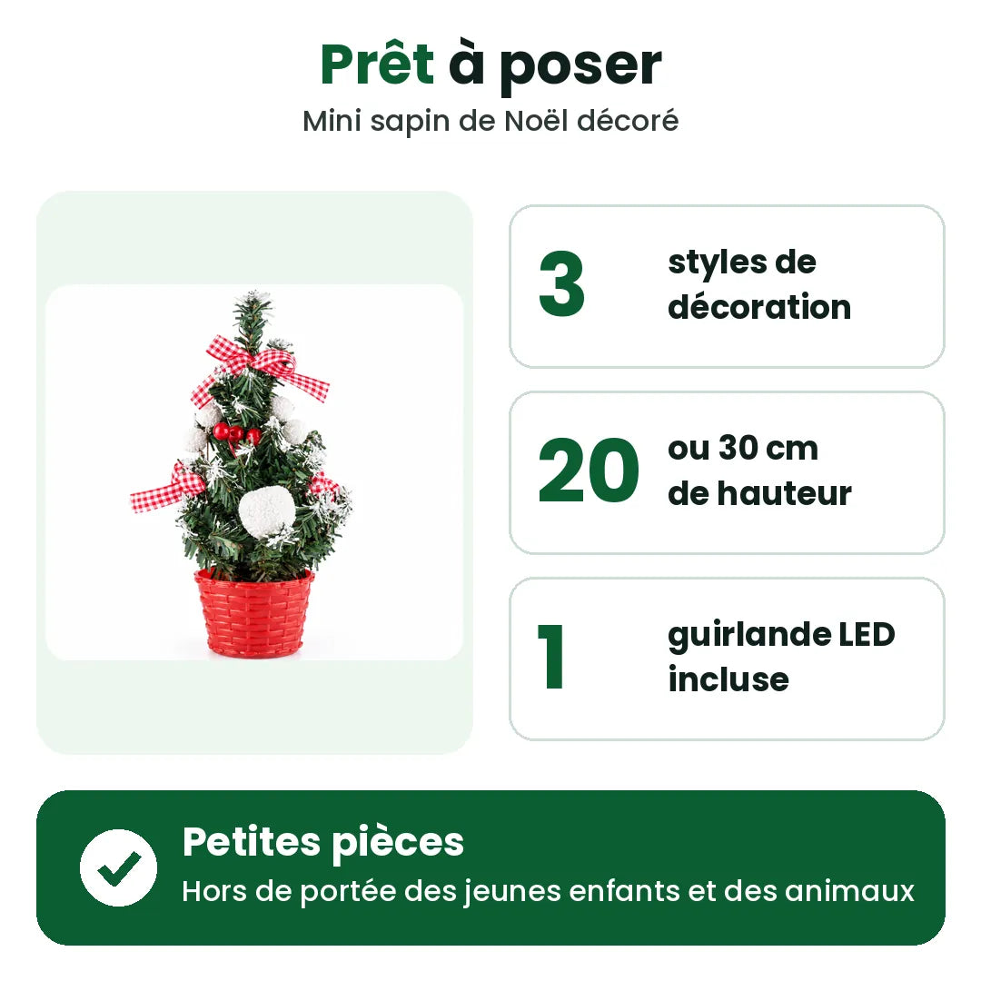 Mini sapin de Noël en 3 styles, 20 ou 30 cm de haut, guirlande LED incluse