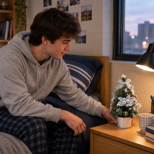 Student stellt einen kleinen silbernen Weihnachtsbaum auf den Nachttisch im WG-Zimmer