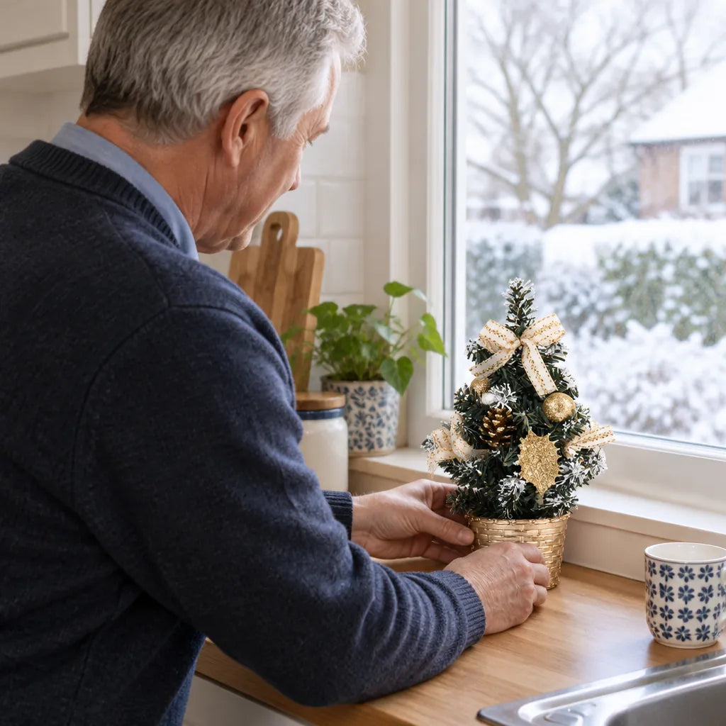 Older man placing a gold tabletop Christmas tree on a kitchen windowsill