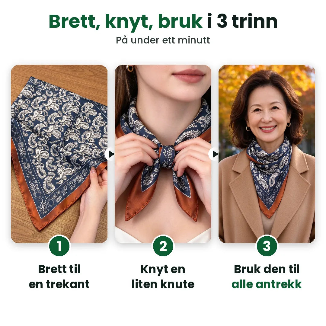 Tre trinn for å bruke et paisley halstørkle: brett, knyt, bruk
