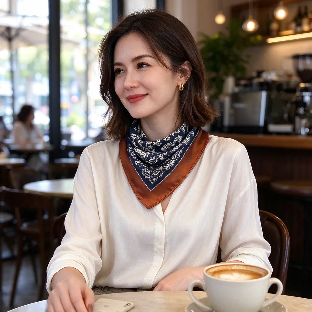 Woman at a cafe table wearing a paisley neck scarf folded like a neckerchief