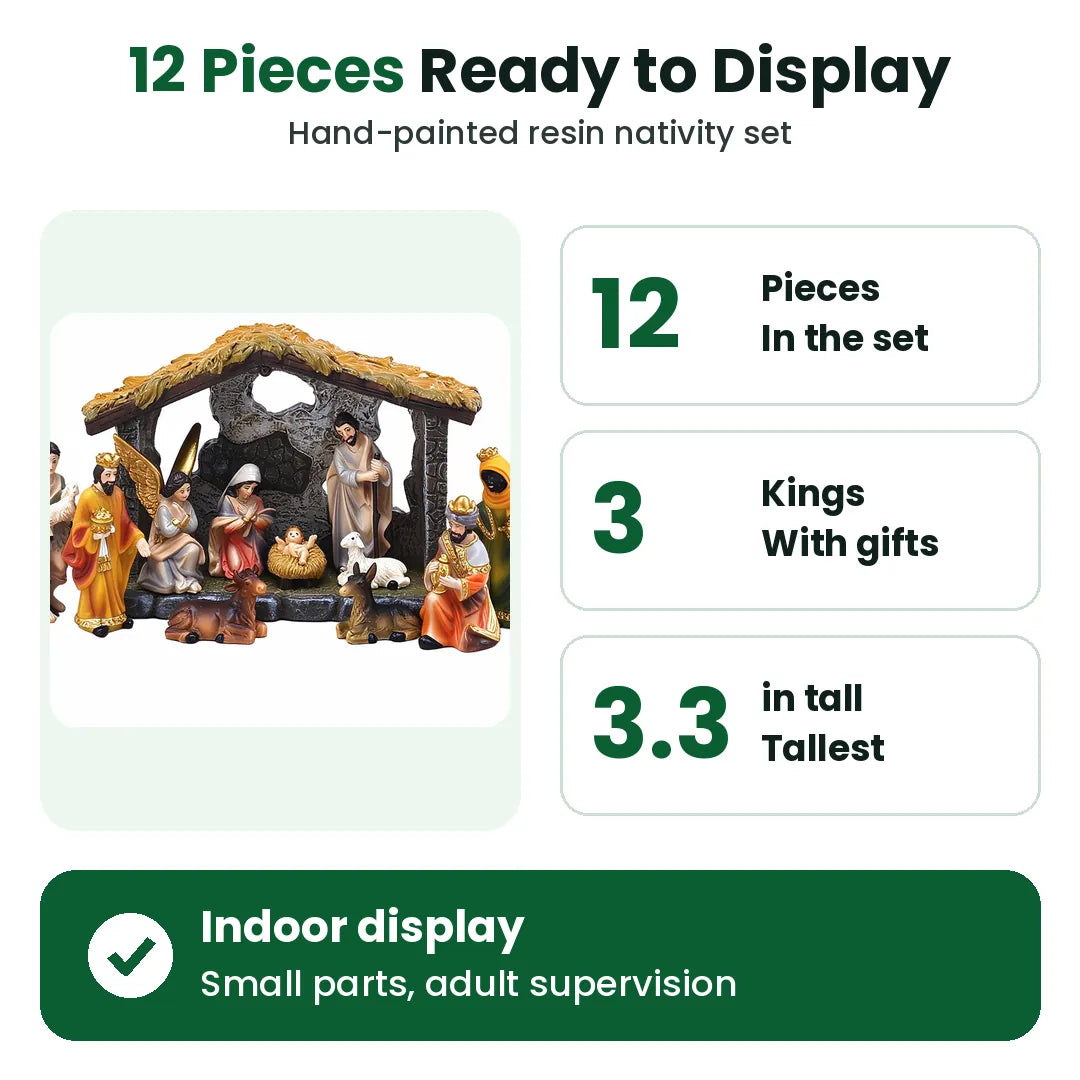 Nativity set highlights: 12 pieces, 3 kings, indoor display