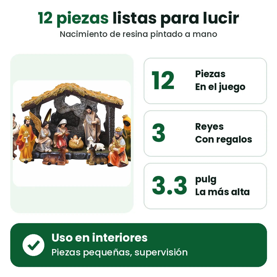 Datos del nacimiento: 12 piezas, 3 reyes magos, uso en interiores