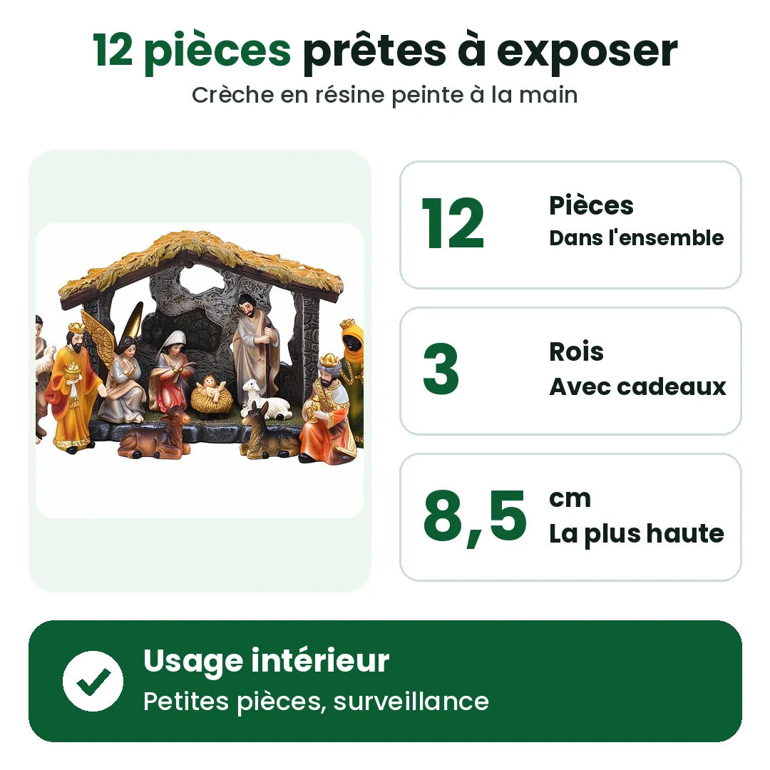 Points clés de la crèche : 12 pièces, 3 rois mages, usage intérieur
