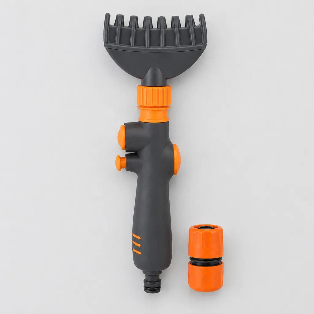 Pool filter cleaner wand with a spare orange hose connector on a light grey surface