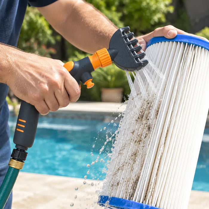 Baguette de nettoyage de filtre de piscine rinçant les plis d'une cartouche près d'une piscine