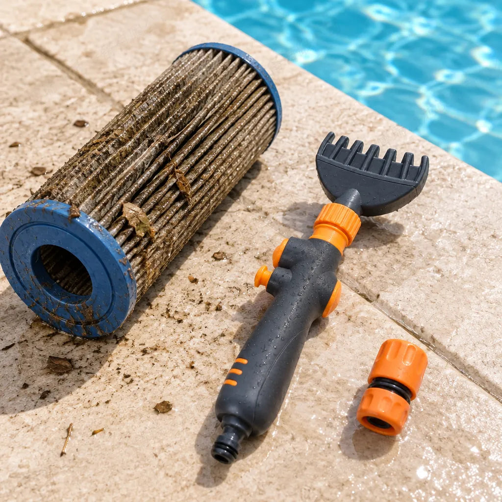 Cartouche de filtre de piscine encrassée à côté de la baguette de nettoyage sur la plage de la piscine