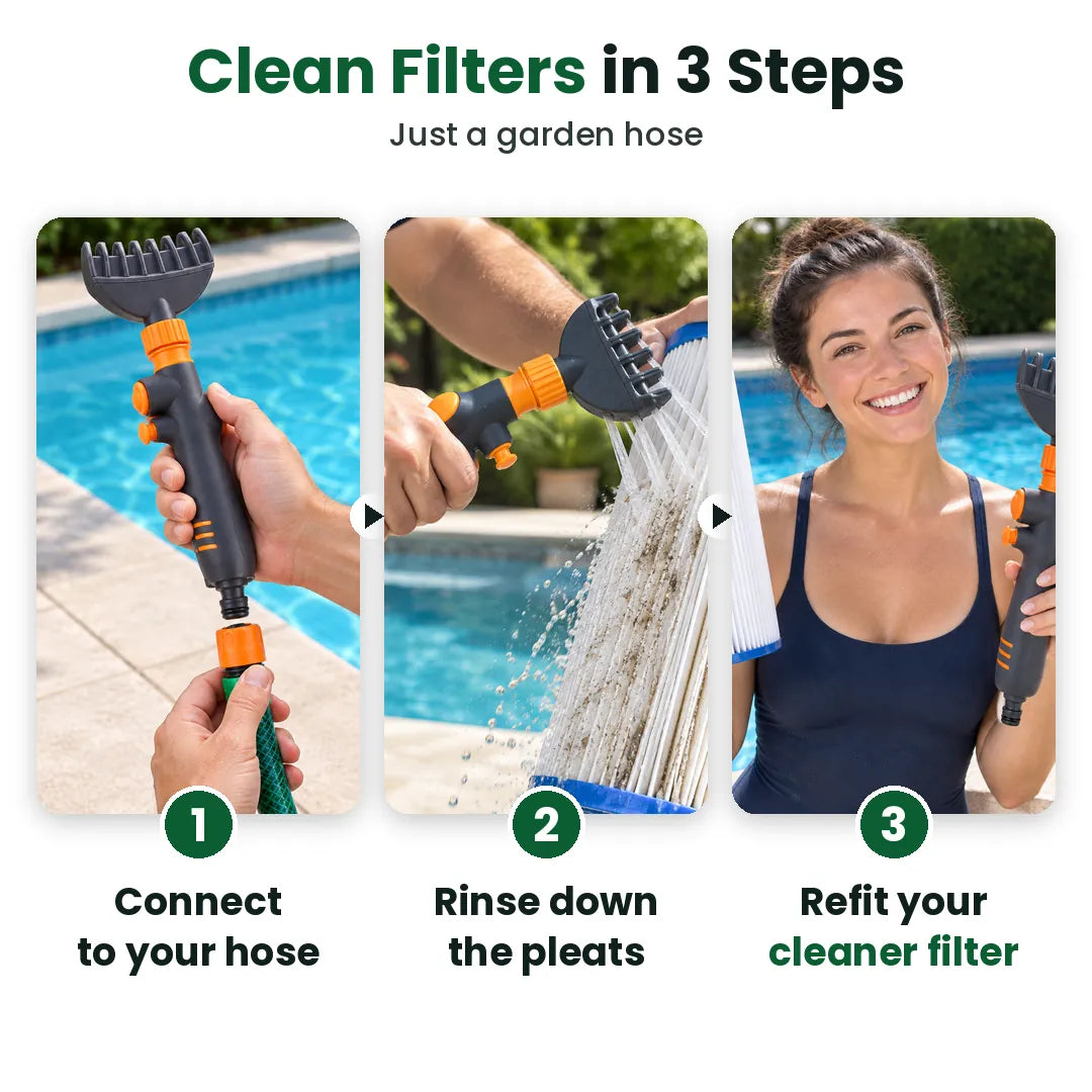 Three steps to clean a pool filter cartridge: connect the hose, rinse the pleats, refit the filter